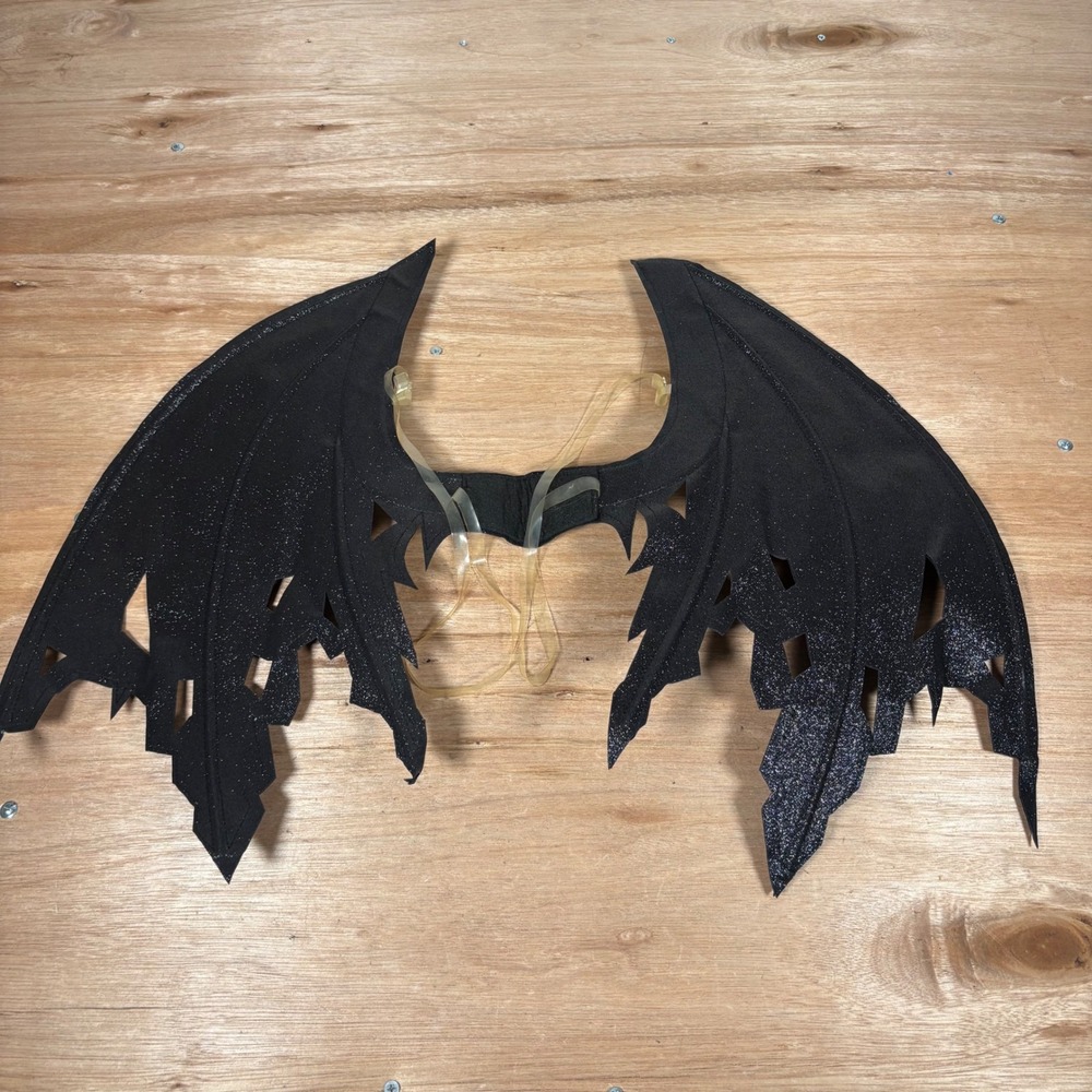 Black Glitter Dragon Bat Wings Halloween Cosplay Costume Accessory Tattered Edge